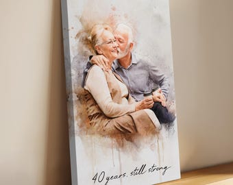 10th Anniversary Parents Custom Portrait from Photo, 20th 25th 30th 40th 50th 60th Anniversary Gift for Parents, Watercolor Stretched Canvas