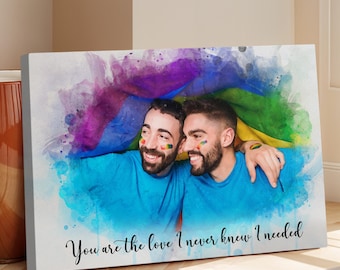 Gay Couple Watercolor Custom Portrait from Photo - 1st Anniversary Gift for Him - Gay Art Boyfriend Day Gift - Personalized Stretched Canvas
