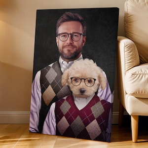 May include: A canvas print featuring a man and a dog, both wearing glasses and argyle vests. The man has a beard and is wearing a white shirt and tie. The dog is a poodle. The background is a dark gray.