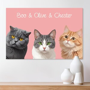 Modern Three Pet Portrait from Photo - Multiple Family Pet Design - Pet Remembrance Sympathy Gifts for Pet Owners - Cartoon Stretched Canvas
