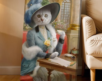 The Lady with Cup - Custom Royal Pet Portrait - Pet Memorial Loss Gifts - Funny Birthday Gift Ideas - Unique House Decors - Stretched Canvas