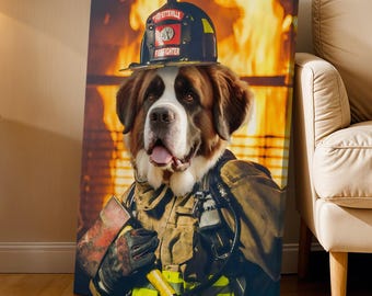 The Firefighter - Custom Pet Portrait - Unique Funny Dog Portrait - Royal Personalized Birthday Gift Ideas for Pet Lovers - Stretched Canvas