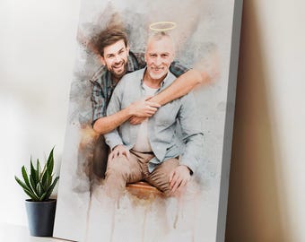 Loss of Father Custom Watercolor Family Portrait from Photo, Dad Memorial Gift, Condolence Bereavement Gift, In Loving Memory Wrapped Canvas