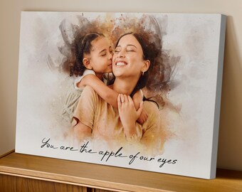 Mother and Daughter Custom Watercolor Portrait from Photo - Mother Daughter Gift for Her Mom -Stretched Canvas Personalized Mothers Day Gift