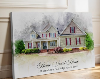 Our First Home Portrait from Photo - House Custom Watercolor Painting - Housewarming Gift for Him Her -Realtor Closing Gift Stretched Canvas