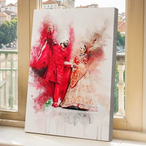 Indian Wedding Decor Watercolor Custom Portrait from Photo, Hindu Couple Engagement Gift, Wedding Ceremony Program, Family Stretched Canvas