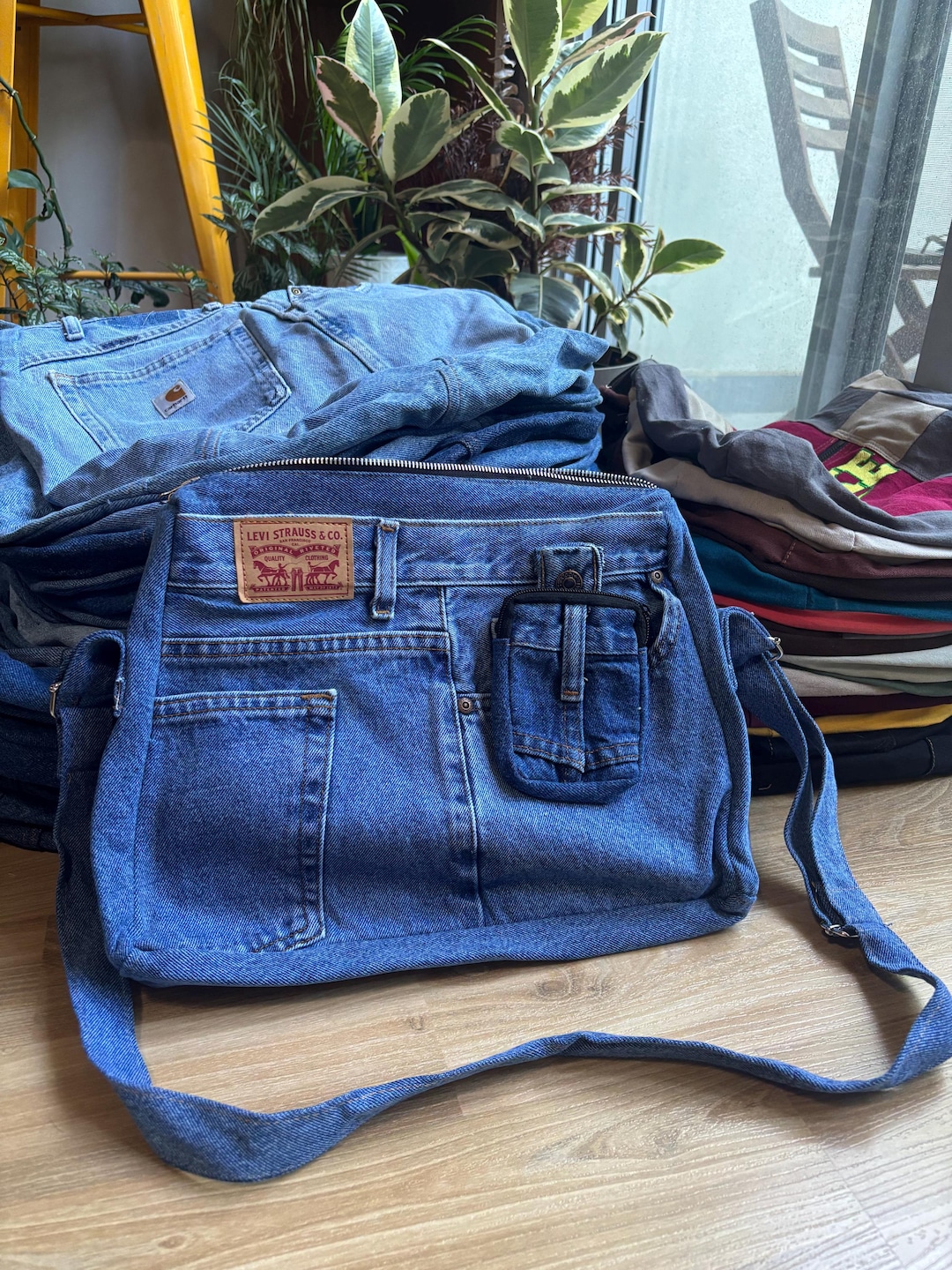 【希少】70’s Levi’s Denim laundry bag Vintage Levis Blue Dark Denim Wash Laundry Tote Book Bag Large
