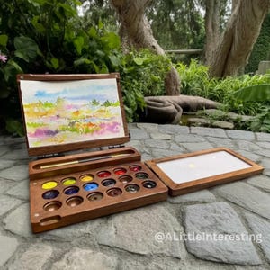 Retro Style Walnut Paint Box 18 Colors Wooden Watercolor Travel Box | Portable Folding Palette & Paint Case | Art Tools Outdoor Sketching