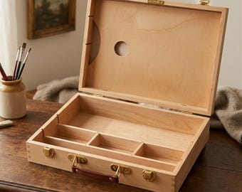 Könnte beinhalten: Ein hellfarbener Holzkasten für Künstlerbedarf mit aufklappbarem Deckel, braunem Ledergriff, goldfarbenen Metallverschlüssen und Innenfächern. Die Innenseite des Deckels hat einen kreisförmigen Ausschnitt und das Gehäuse zeigt sichtbare Fingerzinken.