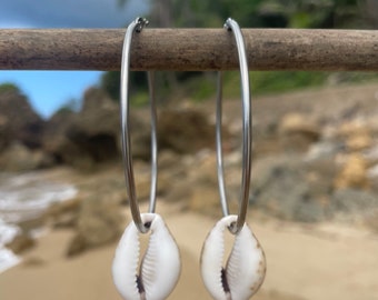 XL Sterling Silver Cowrie Shell Hoop Earrings (Xtra Large)