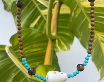 Blue Puka, Wood, Tigers Eye Beaded Necklace