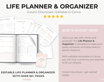 Undated Life Planner: Canva Editable, Goal Tracker (Printable A4 PDF)