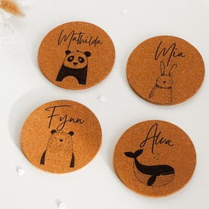 Kinder Korkuntersetzer mit Tierbilder personalisiert, Kindergeburtstage, Gastgeschenke, Mitbringsel, Vereinsfeier, Hochzeit, Taufe, Geburt