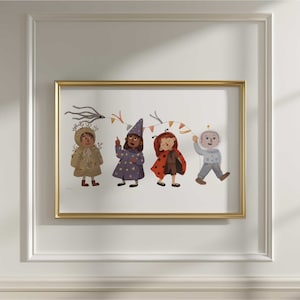 Impresión de disfraz de niño caminando / Linda obra de arte dibujada a mano / Arte de mago astronauta con cometa / Póster de mariquita de amigos / Ilustración de disfraces de Halloween