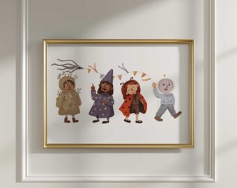 Kids Costume Party Art Print | Hand Drawn Illustration | Kite Astronaut Wizard  Ladybug Poster | Dress Up Halloween Artwork