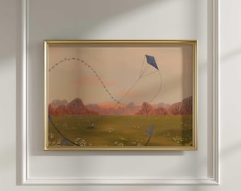 Flying Kite Sunset Art Print | Whimsical Nature Illustration | Boy in Flower field Artwork