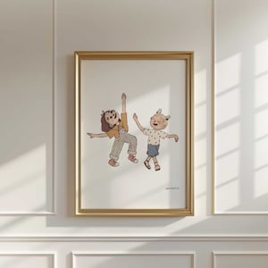 Tanzende Geschwister Poster | Spaß Freundschaft Wandkunst | Dumme niedliche Illustration | Kleinkind Schwester Kunstwerk | Spielende Kinder, Fröhliche Zeichnung