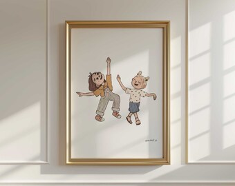Dancing Siblings Giclée Print | Whimsical Children's Illustration | Sisters Artwork