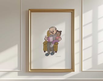 Grandpa Reading to Granddaughter Art Print | Nostalgic Illustration