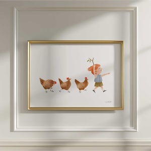 Impresión infantil de desfile de gallinas / Arte mural de granja de pollos / Ilustración de niña con hojas de palo / Dibujo de aventura en acuarela / Ilustración en gouache con núcleo de cabaña