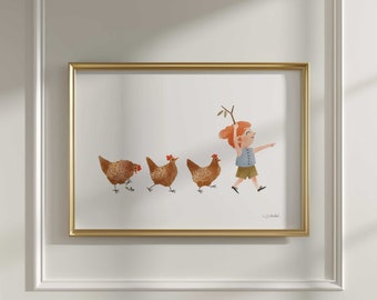 Hen Parade Child Print | Chicken Farm Wall Art | Stick Leaf Girl Artwork | Watercolor Adventure Drawing | Cottage Core Gouache Illustration