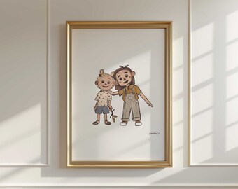 Sisters Hugging Print | Whimsical Friendship Illustration | Nostalgic Rustic Wall Art