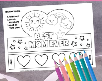Corona di carta per la festa della mamma "Best Mom Ever", lavoretto fai da te per la festa della mamma, fascia di carta, regalo per la festa della mamma, attività da colorare