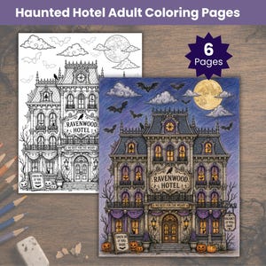 以下が含まれることがあります： Ravenwood Hotelを描いた6枚の塗り絵ページ。多層階の建物、装飾的な建築、満月、コウモリ、カボチャが特徴です。テキストには「Ravenwood Hotel」、「No Rest For The Weary」、「Check In If You Dare」と書かれています。白黒の線画バージョンが含まれています。
