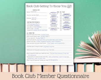 Book Club Questionnaire, Book Club Survey, Reading Group Survey, Book Club Ice Breakers, Ladies Night, Book Club Starter, Book Club Activity