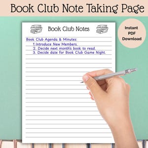 Book Club Note Paper Printable, Book Club Stationery, Book Club Meeting Template for Minutes and Agenda, Book Club Discussion
