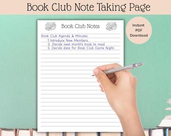 Book Club Note Paper Printable, Book Club Stationery, Book Club Meeting Template for Minutes and Agenda, Book Club Discussion