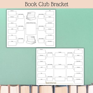 May include: Two white Book Club Bracket charts with a light green background. The charts have boxes for each month and a bracket format for selecting a "Book of the Year". The title "Book Club Bracket" is at the top.