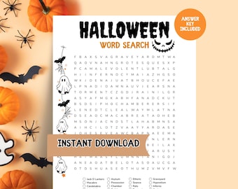 以下が含まれることがあります： 「ハロウィンワードサーチ」というタイトルのハロウィンをテーマにした単語検索パズルと、ジャック・オ・ランタンのグラフィック。パズルには、見つける単語のリストと「Instant Download」というテキストが含まれています。背景は、ハロウィーンの装飾が施された明るいオレンジ色です。