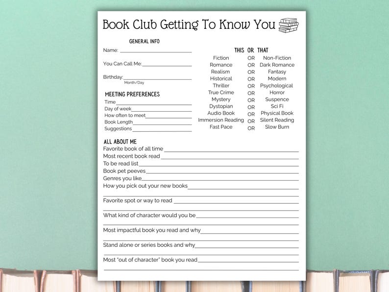 Book Club Survey Questionnaire Printable Template, Book Club Discussion ...