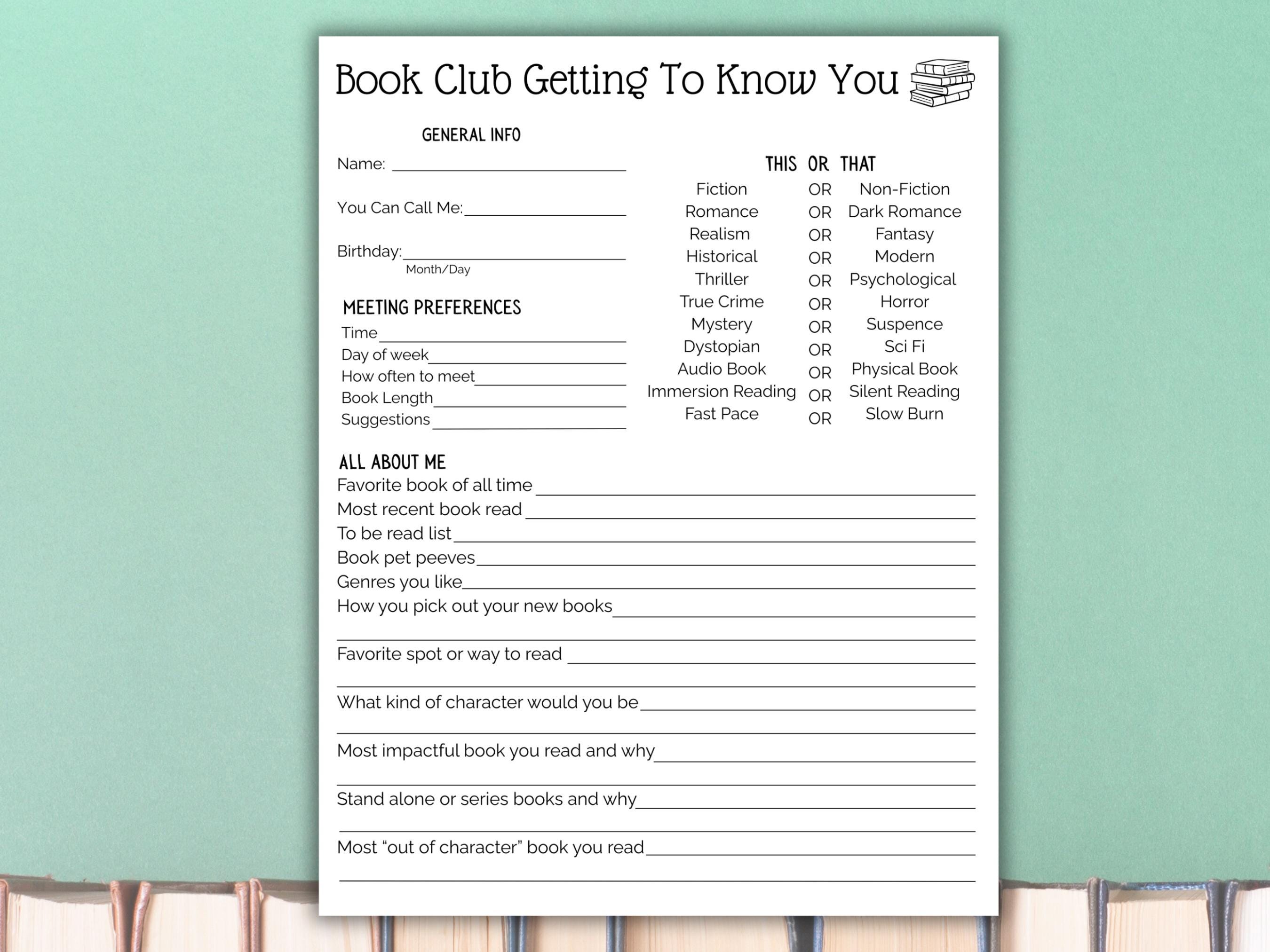 Book Club Survey Questionnaire Printable Template, Book Club Discussion ...