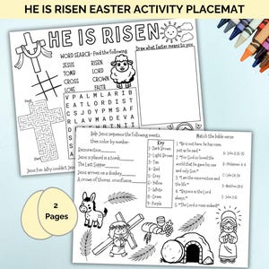 May include: Easter activity placemat with the text "HE IS RISEN" and various activities, including a word search, a maze, and coloring prompts. Includes a key for coloring and matching bible verses. Two pages are included.