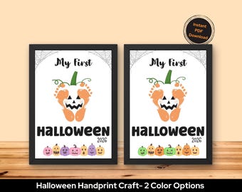 Handprint Art, Halloween Jack O Lantern Print, Fall Hand Print Craft, Footprint pumpkin craft template for toddlers, preschoolers, kids