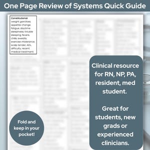 May include: A white document titled "One Page Review of Systems Quick Guide" with medical information. Text includes "Constitutional" symptoms and a clinical resource for medical professionals. A stethoscope is visible in the background.