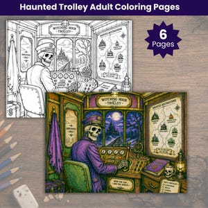 以下が含まれることがあります： Haunted Trolley Adult Coloring Pagesと題された6枚の塗り絵ページ。路面電車を操縦する骸骨の車掌が描かれています。白黒の線画とカラー版には、幽霊が出る場所の地図、コントロールパネル、Witching Hour Trolley、Employees Only、Mind the Gap and the Spiritsなどのテキストが含まれています。