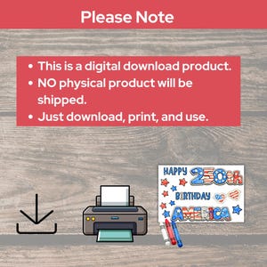 K&ouml;nnte beinhalten: Ein digitaler Download-Grafik mit dem Text "Happy 250th Birthday America". Das Bild enth&auml;lt einen Drucker, Buntstifte und ein Download-Symbol. Der Text "Please Note" steht oben.