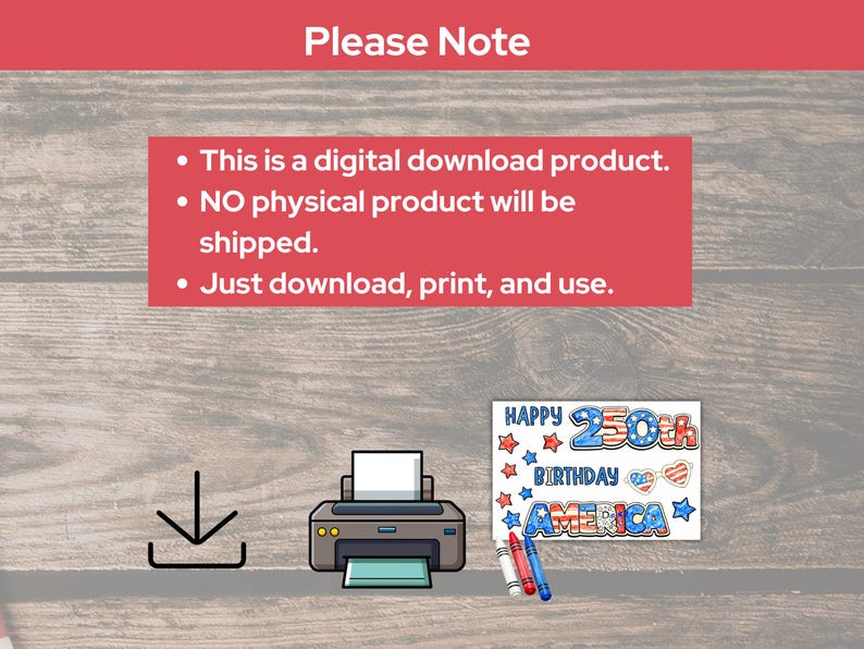 K&ouml;nnte beinhalten: Ein digitaler Download-Grafik mit dem Text "Happy 250th Birthday America". Das Bild enth&auml;lt einen Drucker, Buntstifte und ein Download-Symbol. Der Text "Please Note" steht oben.