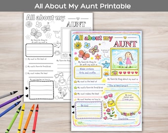 Questionario "Tutto su mia zia" - Scheda stampabile, Regalo per la festa della mamma, Pagina da colorare per bambini, Idee regalo uniche e sentimentali per la mamma