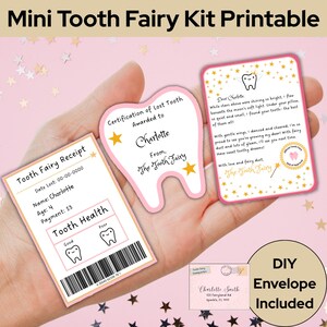 Editable Mini Tooth Fairy Kit With Envelope, Printable Tooth Fairy Letter Set Pink, Toothfairy Note, Tooth Fairy Letter and Receipt Template