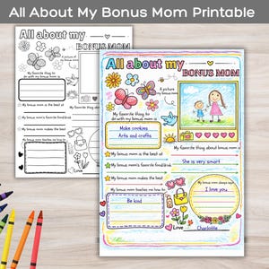 以下が含まれることがあります： 「All About My Bonus Mom」と題された2つの印刷可能な塗り絵。1つは「Make cookies, Arts and crafts」を含む絵とテキストで埋められています。もう1つは空白で、絵や文字を書くスペースがあります。