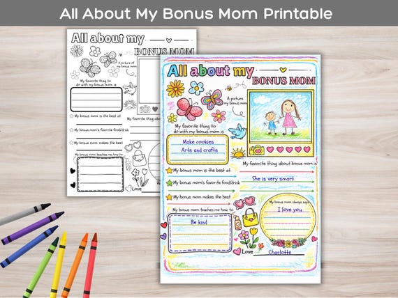 All About My Bonus Mom Questionnaire Worksheet, Mother's Day Gift, Kids Activity Coloring Page, Sentimental Unique Gift Ideas For Mom