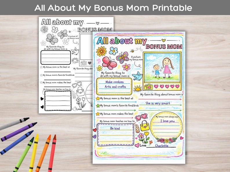 Pu&ograve; includere: Due pagine da colorare stampabili intitolate "All About My Bonus Mom". Una &egrave; riempita con disegni e testo, tra cui "Make cookies, Arts and crafts". L'altra &egrave; vuota, con spazio per disegni e scrittura.