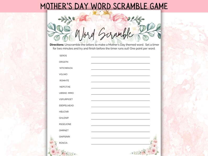 Mother’s Day Word Scramble Game Printable, Mothers Day Brunch Party ...