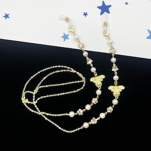 Cadena de gafas de perlas de abeja, cadena de gafas de flores de cristal, cadena de gafas de mujer exquisita, oro, accesorios para gafas