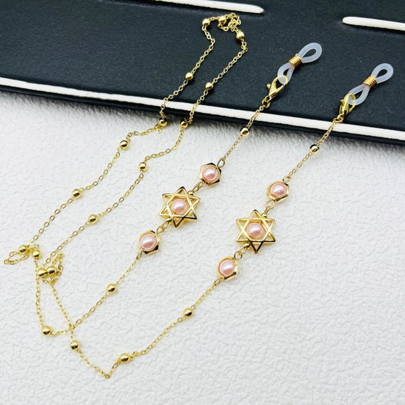 Pink Star Glasses Chain, Handmade Pearl Glasses Chain, Gold  display picture 1