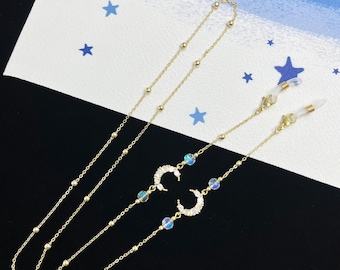 Fashion Simple Moon Glasses Chain, Handmade Crystal Glasses Chain, Gold Plated Ladies Glasses Chain, Gold, Gift For Her